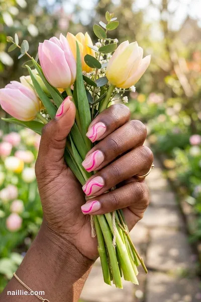 Close-up of short square nails with hot pink abstract swirls on a nude base — look 3