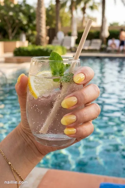 Close-up of oval nails with lemon yellow polish and a glossy see-through jelly finish — look 3