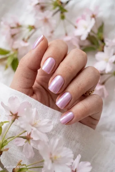 Close-up of short square nails with lilac polish and a pearly glazed-donut shimmer — look 2