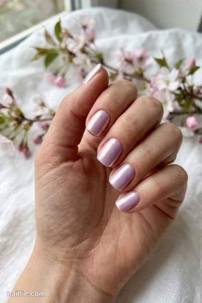 Close-up of short square nails with lilac polish and a pearly glazed-donut shimmer — look 3