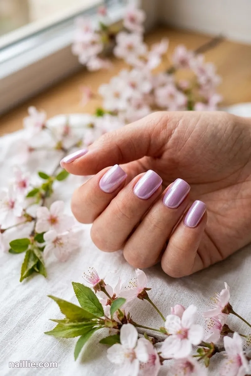 Close-up of short square nails with lilac polish and a pearly glazed-donut shimmer
