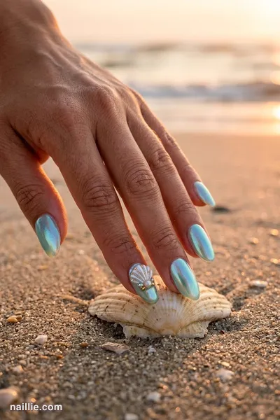 Close-up of oval nails with pearly shells and an aqua shimmer