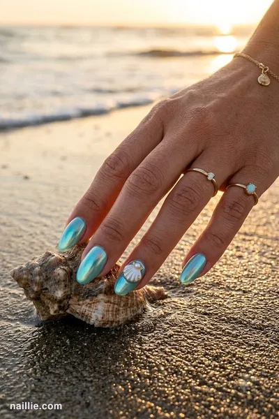 Close-up of oval nails with pearly shells and an aqua shimmer — look 2