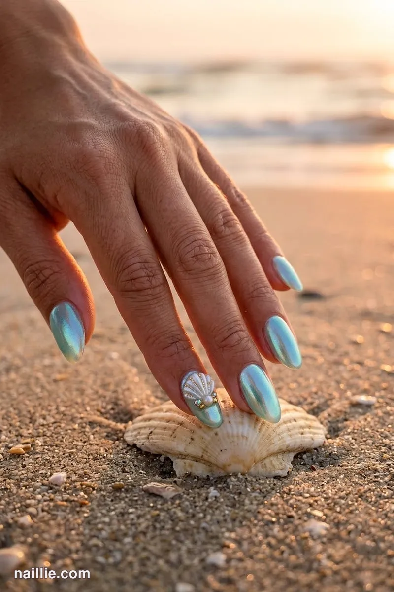 Close-up of oval nails with pearly shells and an aqua shimmer