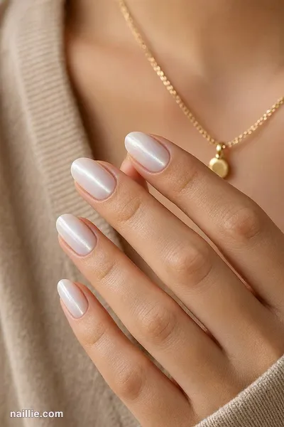 Close-up of short almond nails with milky white polish and a shimmering magnetic cat eye effect