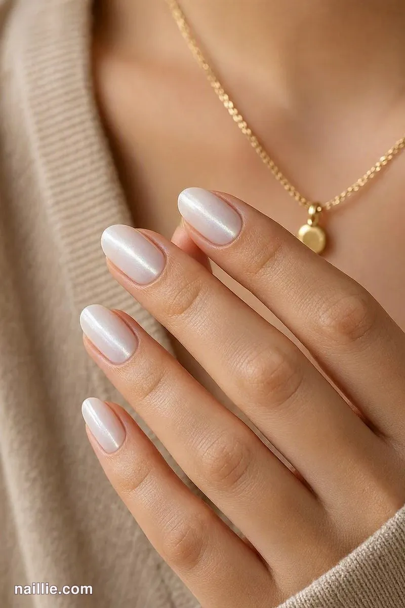 Close-up of short almond nails with milky white polish and a shimmering magnetic cat eye effect