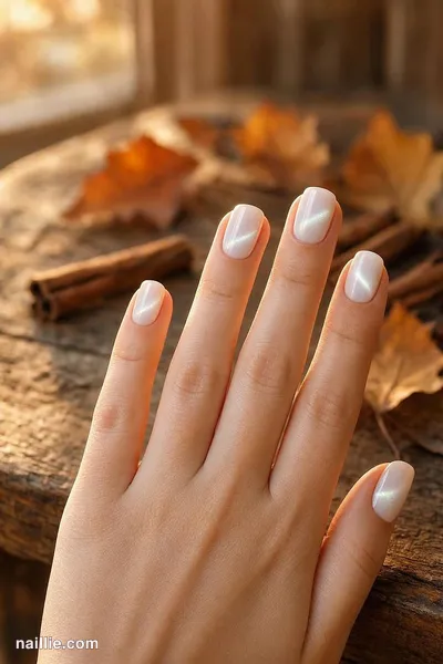 Close-up of short square nails with milky white polish and a shimmering magnetic cat eye effect