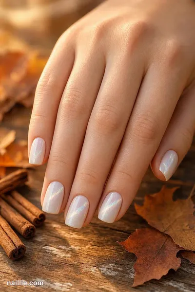 Close-up of short square nails with milky white polish and a shimmering magnetic cat eye effect — look 2