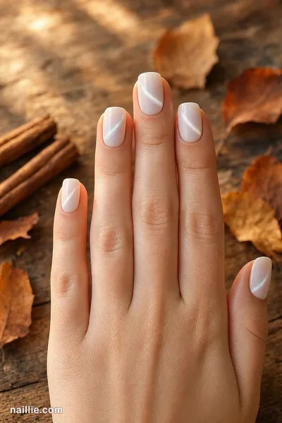 Close-up of short square nails with milky white polish and a shimmering magnetic cat eye effect — look 3