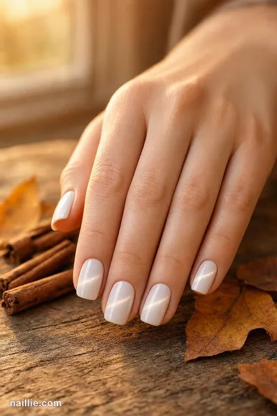Close-up of short square nails with milky white polish and a shimmering magnetic cat eye effect — look 4