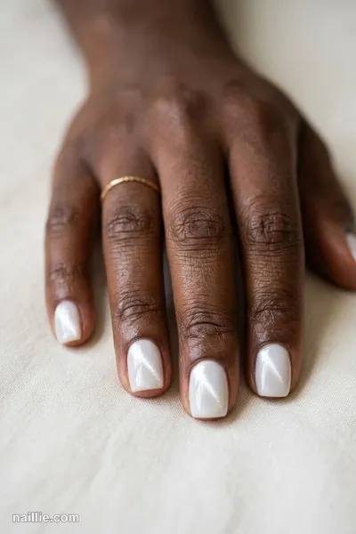 Close-up of squoval nails with milky white polish and a shimmering magnetic cat eye effect — look 2