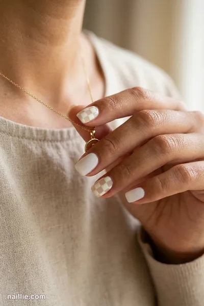 Close-up of short square nails with a milky white and cream checkerboard — look 2