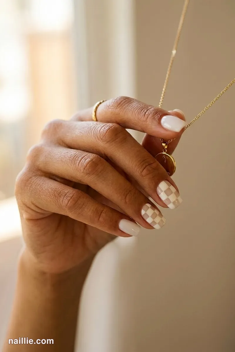 Close-up of short square nails with a milky white and cream checkerboard
