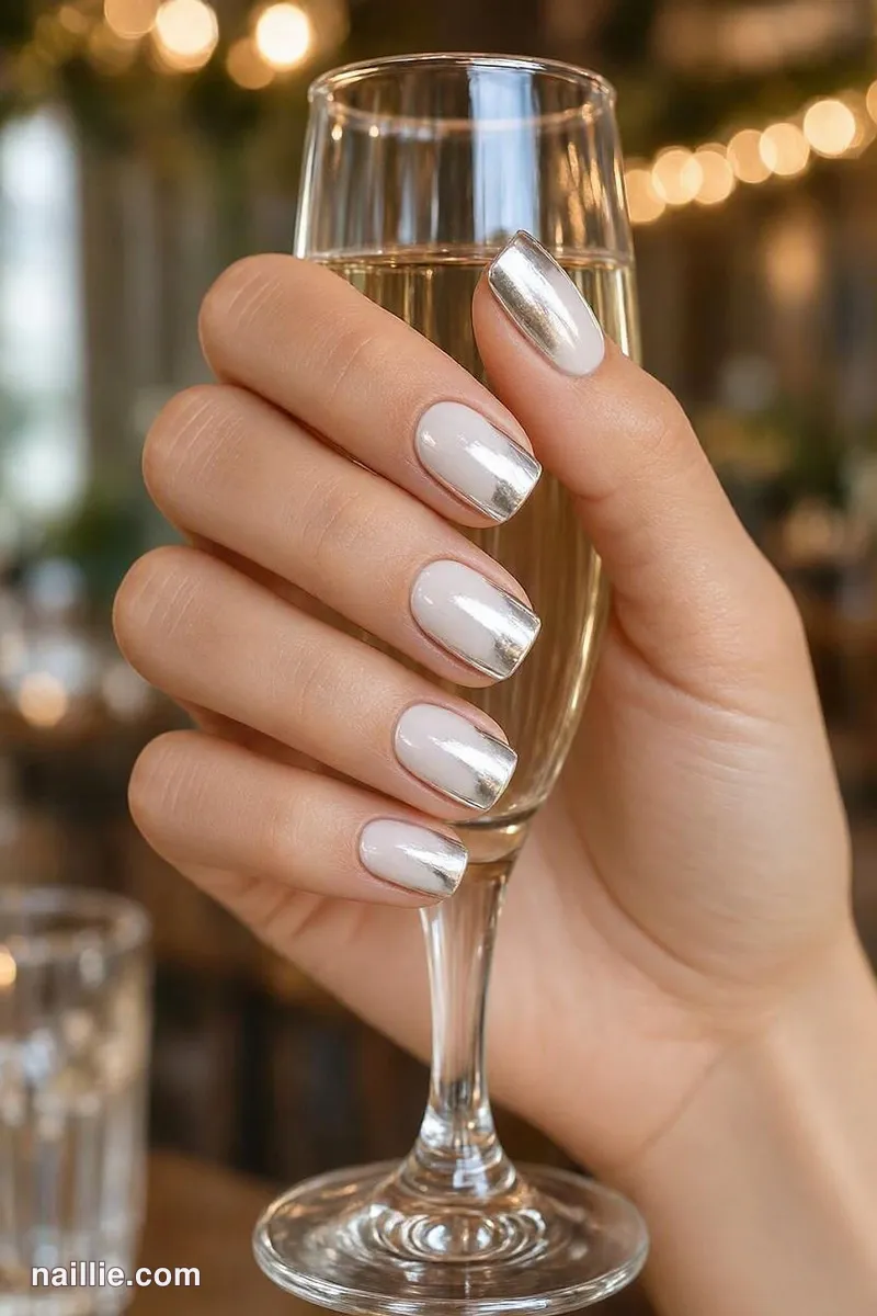 Close-up of short square nails with milky white polish and a mirror-like chrome finish