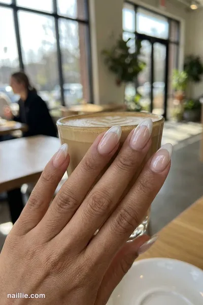Close-up of almond nails with milky white chrome French tips