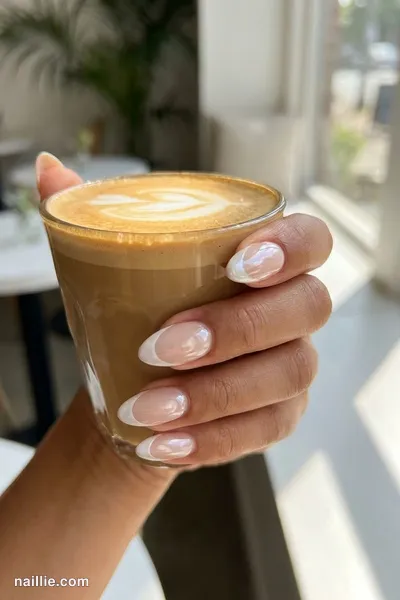 Close-up of almond nails with milky white chrome French tips — look 2