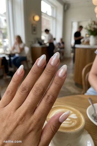 Close-up of almond nails with milky white chrome French tips — look 3