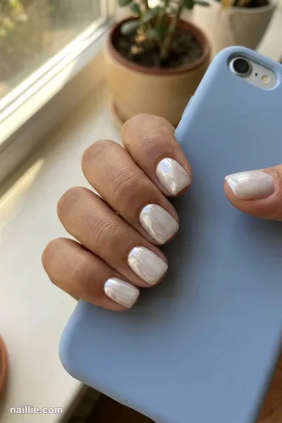 Close-up of short square nails with milky white polish and a mirror-like chrome finish — look 2