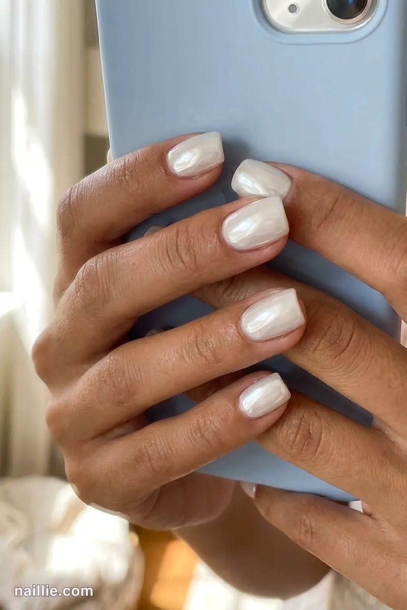 Close-up of short square nails with milky white polish and a mirror-like chrome finish