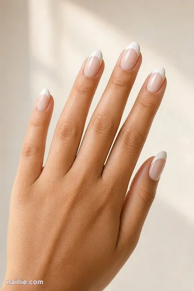 Close-up of almond nails with a milky white double French line — look 2