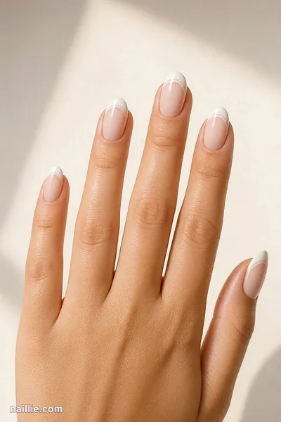 Close-up of almond nails with a milky white double French line — look 3