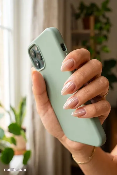 Close-up of almond nails with one fine milky white line across a sheer base — look 2