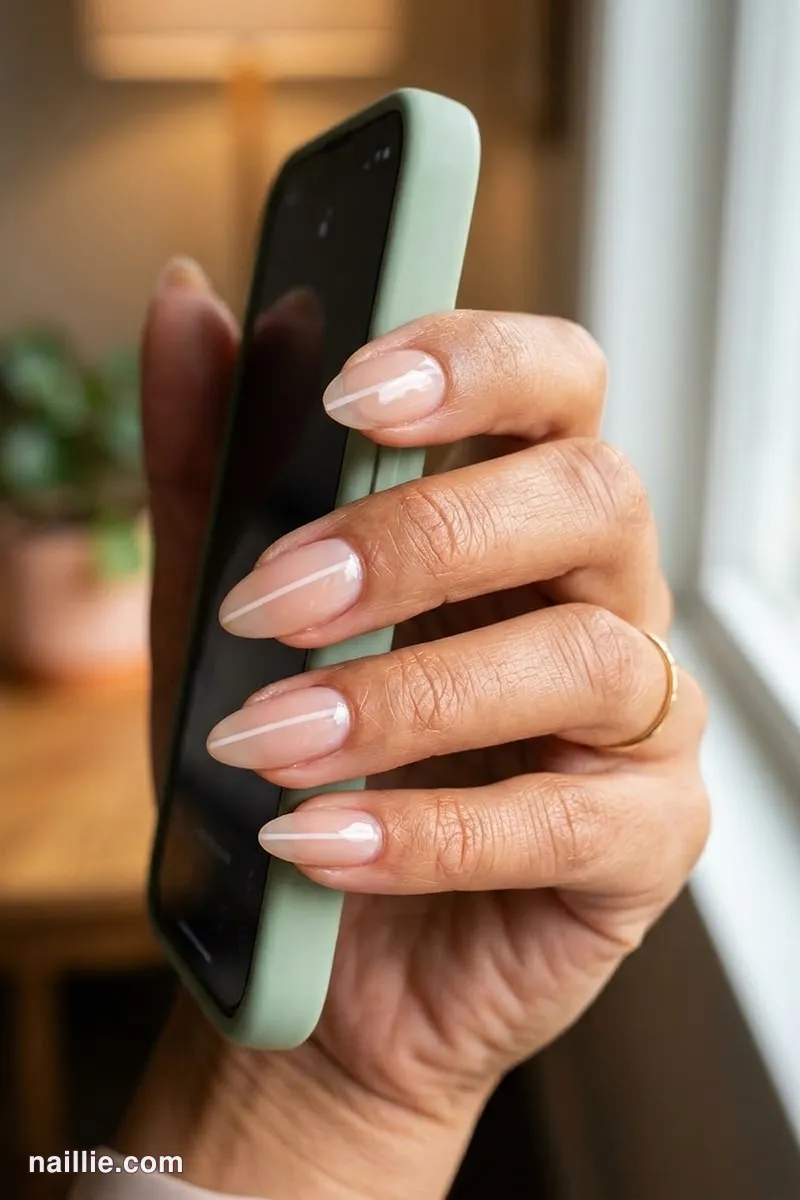 Close-up of almond nails with one fine milky white line across a sheer base