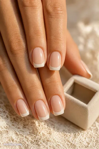 Close-up of short square nails with milky white French tips over a sheer nude base