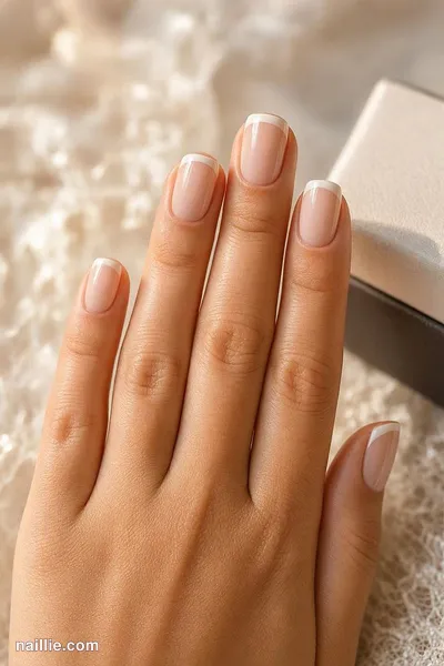Close-up of short square nails with milky white French tips over a sheer nude base — look 2