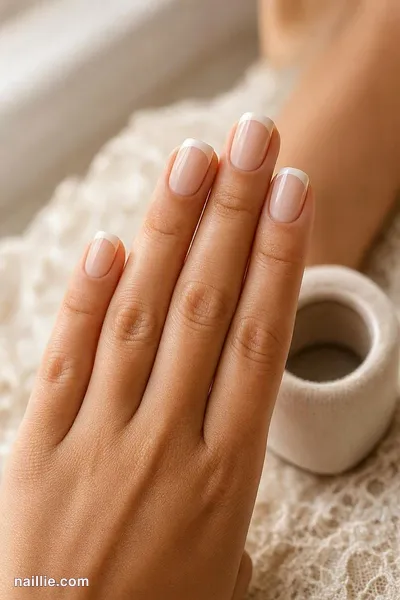 Close-up of short square nails with milky white French tips over a sheer nude base — look 3
