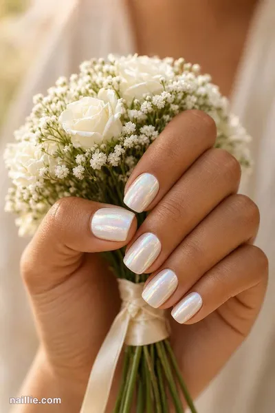 Close-up of short square nails with milky white polish and a pearly glazed-donut shimmer