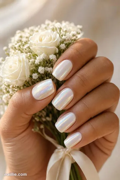 Close-up of short square nails with milky white polish and a pearly glazed-donut shimmer — look 2