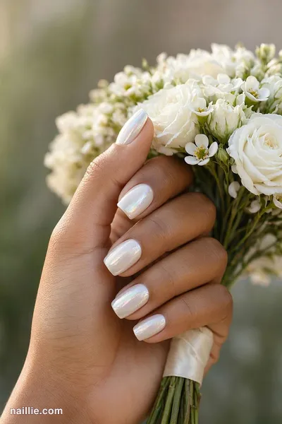Close-up of short square nails with milky white polish and a pearly glazed-donut shimmer — look 3