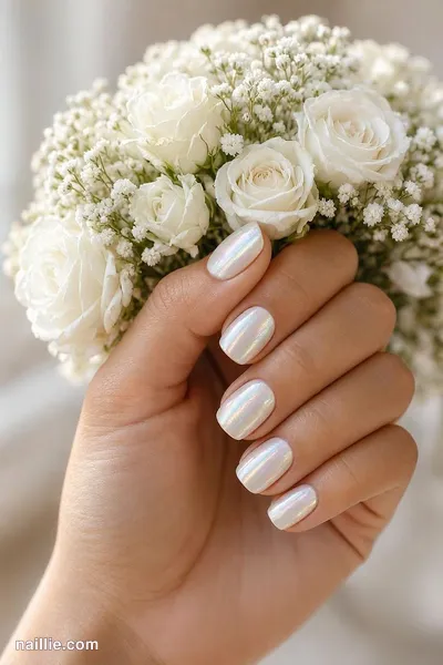 Close-up of short square nails with milky white polish and a pearly glazed-donut shimmer — look 4