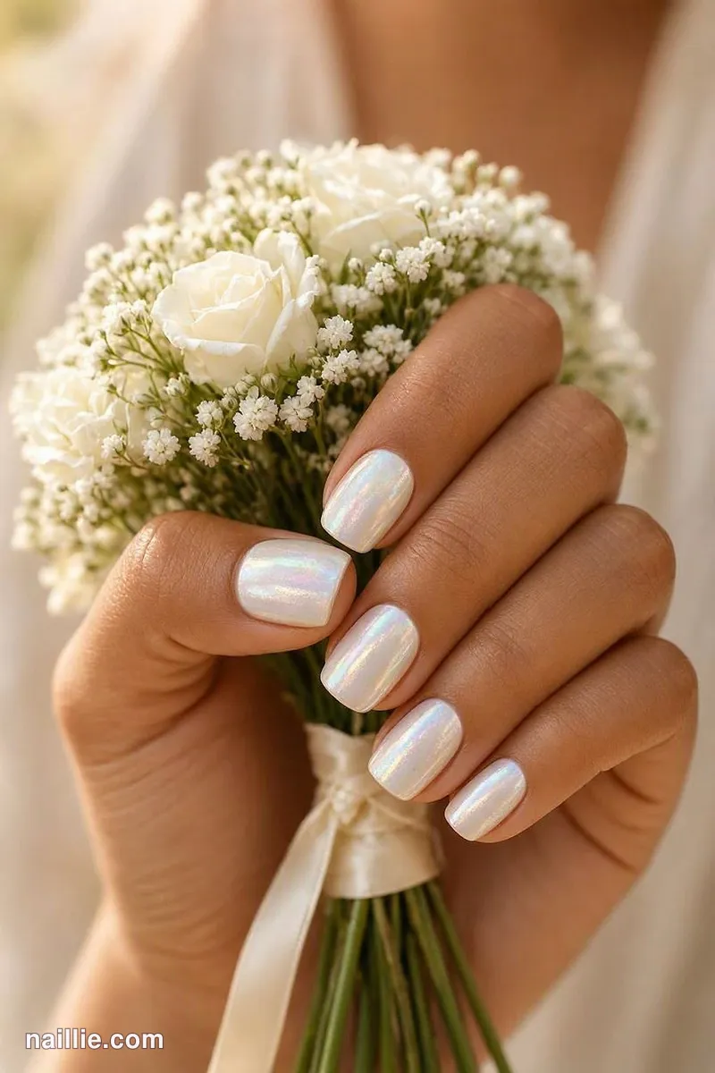 Close-up of short square nails with milky white polish and a pearly glazed-donut shimmer