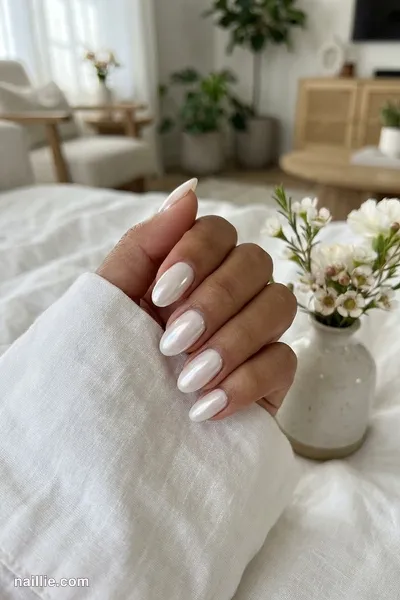 Close-up of oval nails with milky white polish and a pearly glazed-donut shimmer — look 3