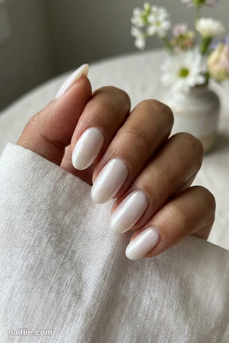 Close-up of oval nails with milky white polish and a pearly glazed-donut shimmer