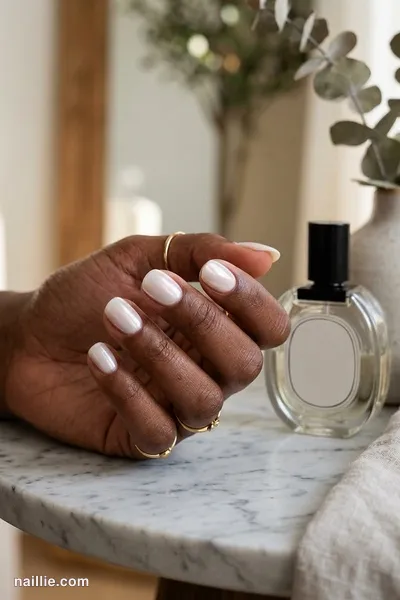 Close-up of short almond nails with milky white polish and a pearly glazed-donut shimmer — look 3