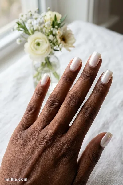 Close-up of short square nails with milky white polish and a pearly glazed-donut shimmer — look 2