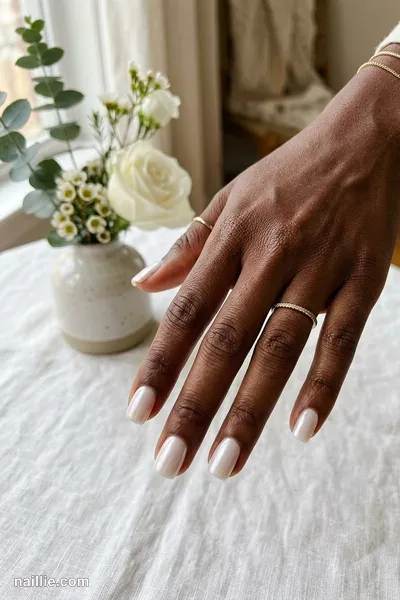 Close-up of short square nails with milky white polish and a pearly glazed-donut shimmer — look 3