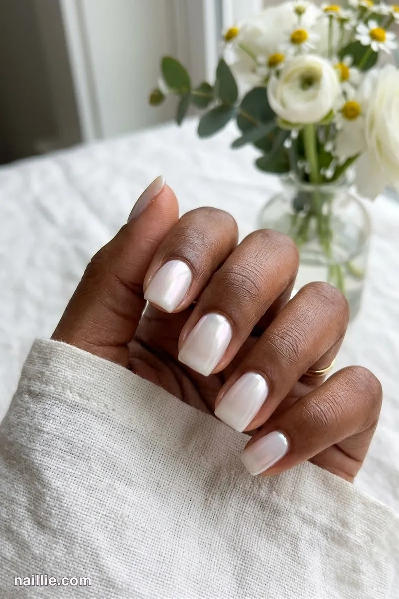 Close-up of short square nails with milky white polish and a pearly glazed-donut shimmer