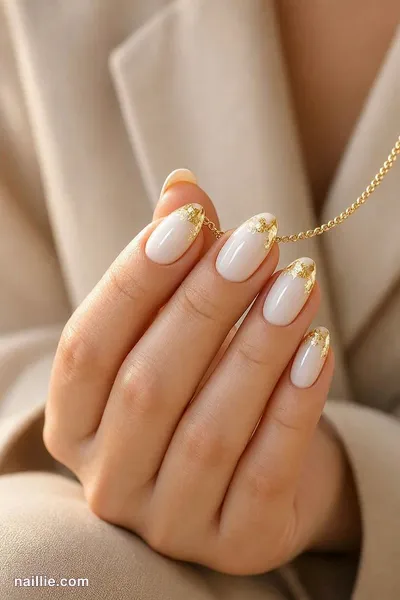 Close-up of almond nails with milky white polish and delicate gold foil flakes