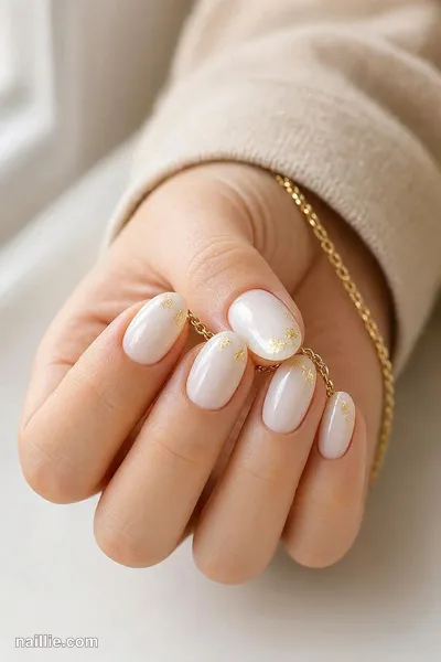 Close-up of almond nails with milky white polish and delicate gold foil flakes — look 2