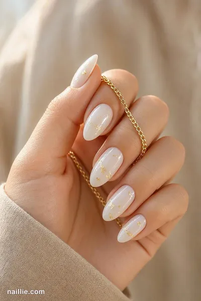 Close-up of almond nails with milky white polish and delicate gold foil flakes — look 3
