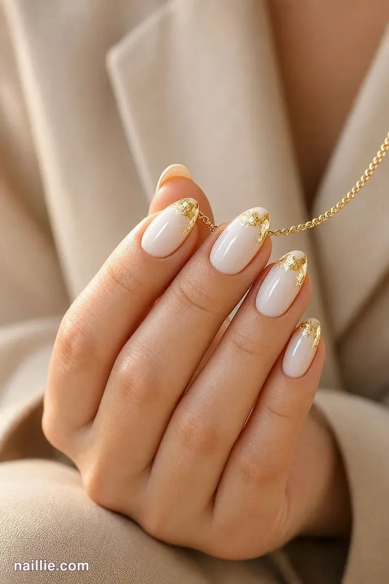 Close-up of almond nails with milky white polish and delicate gold foil flakes