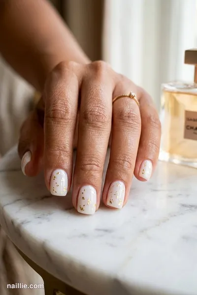 Close-up of short square nails with milky white polish and delicate gold foil flakes — look 2