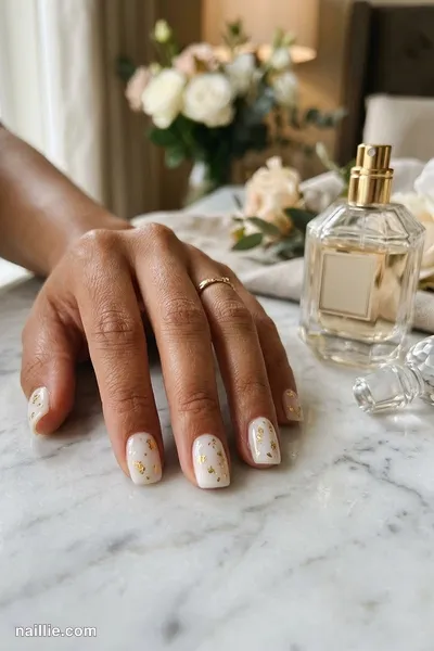 Close-up of short square nails with milky white polish and delicate gold foil flakes — look 3