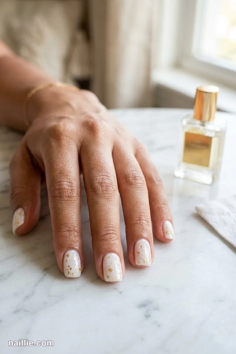 Close-up of short square nails with milky white polish and delicate gold foil flakes