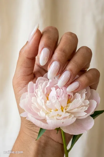 Close-up of almond nails with milky white polish and a glossy see-through jelly finish