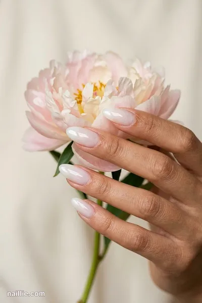 Close-up of almond nails with milky white polish and a glossy see-through jelly finish — look 2